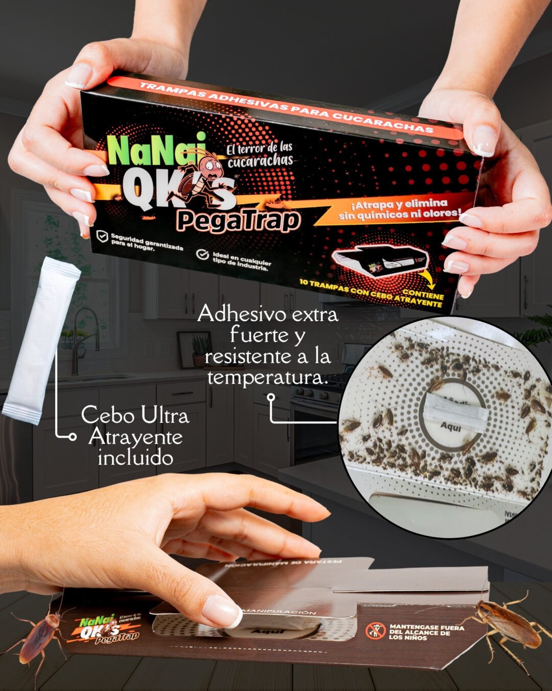 Trampa adhesiva para cucarachas NaNai QK’s PegaTrap con diseño discreto, lista para usar en cualquier rincón del hogar